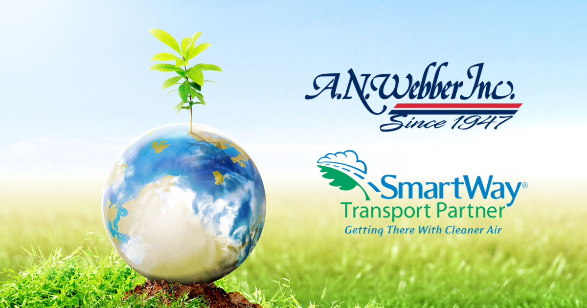 Blue sky and green grass with a globe on a dirt hill with a plant growing out of the Earth. AN Webber Logo in blue and red and Smart Way Partner logo in aqua and green